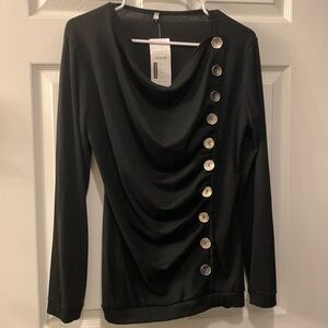 FINEJO BLACK KNIT/SILVER BUTTONS TOP SZ XL NWTGS BANDED HEM